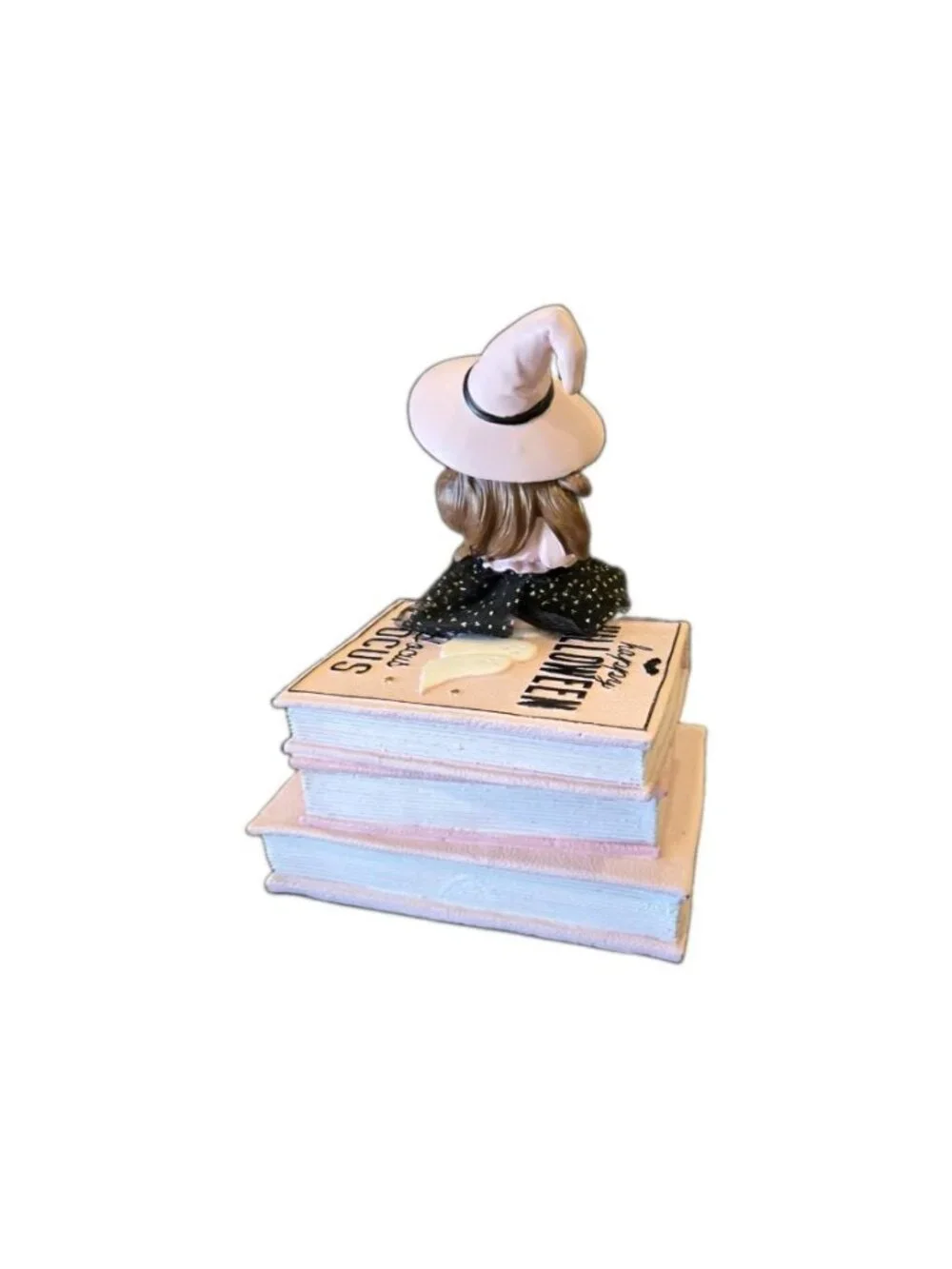 New Pink Witch Girl & Black Cat On Spell Book Sculpture Halloween Holiday Decor